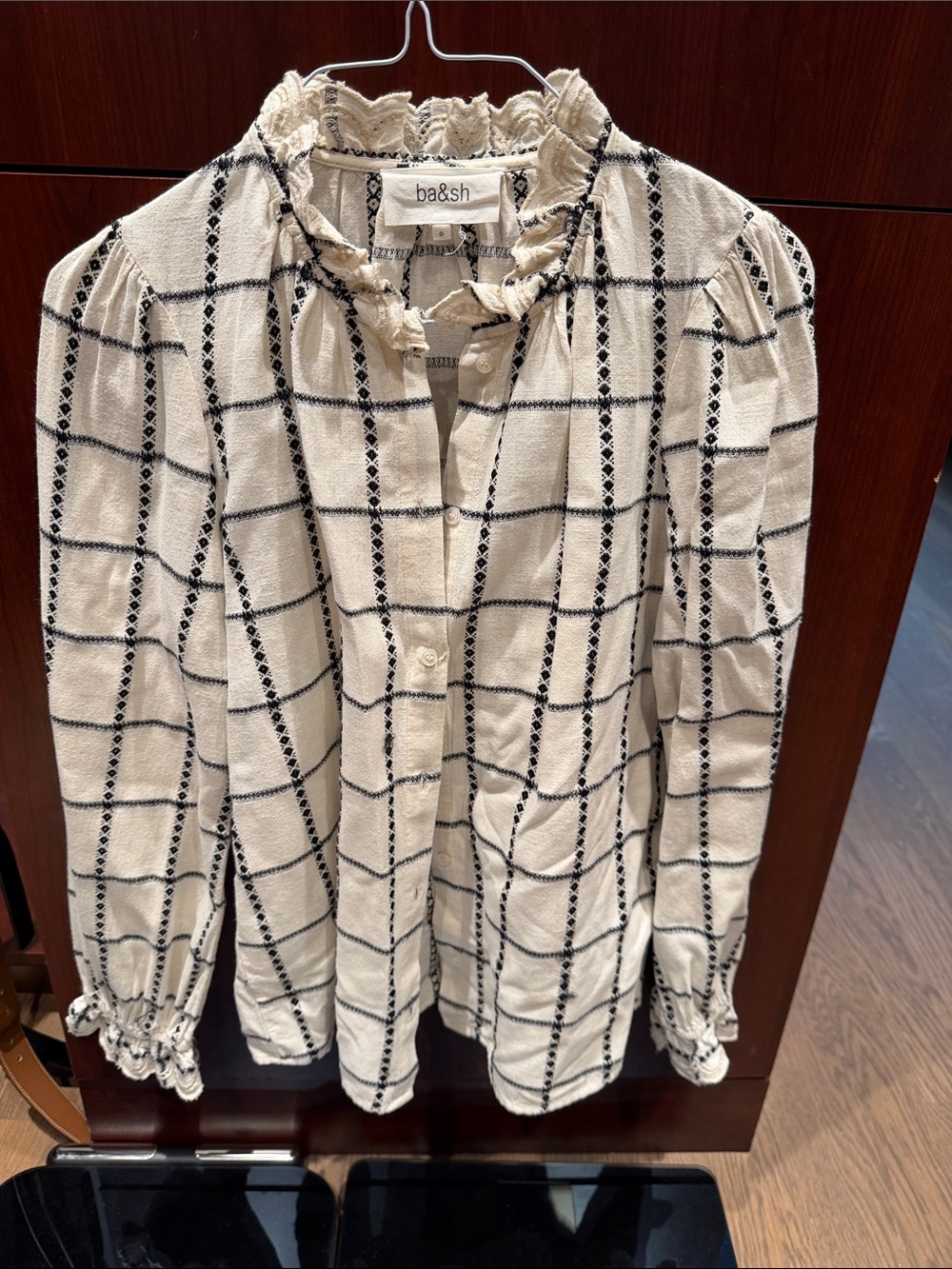 ba&sh Cream and Black Windowpane Ruffle-Neck Blouse